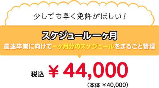 少しでも早く免許がほしい！ スケジュール一ヶ月 最速卒業に向けて一ヶ月分のスケジュールをまるごと管理 税込￥43,200（本体￥40,000）